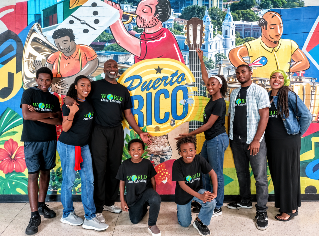 Sakile and Vernon Speller with their six children in matching World Class Schooling shirts during a family trip to Puerto Rico